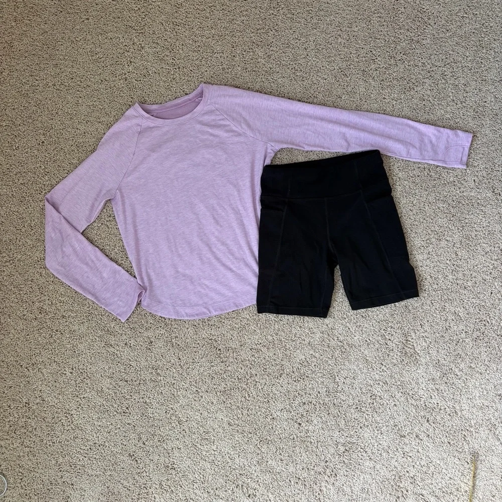 Athleta Girls Black Bike Shorts and Athleta lavender Top size 8-10